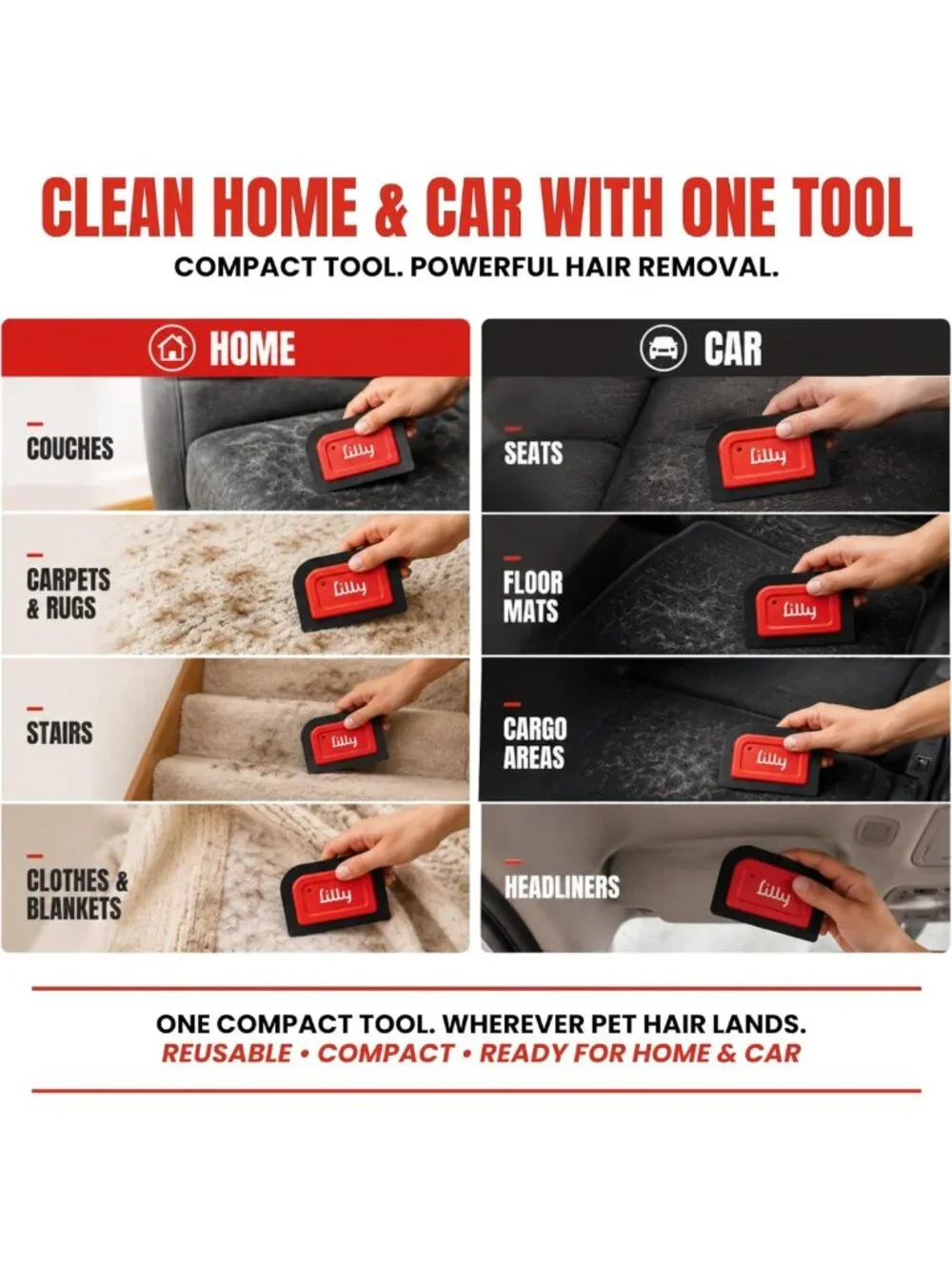 Mini Pet Hair Detailer | Reusable Fur Remover for Car, Carpet, Couch & Furniture
